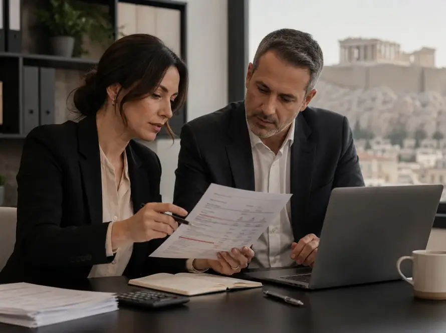 Επαγγελματίες ελέγχουν αποκλίσεις myDATA, παραστατικά και ΦΠΑ σε σύγχρονο λογιστικό γραφείο