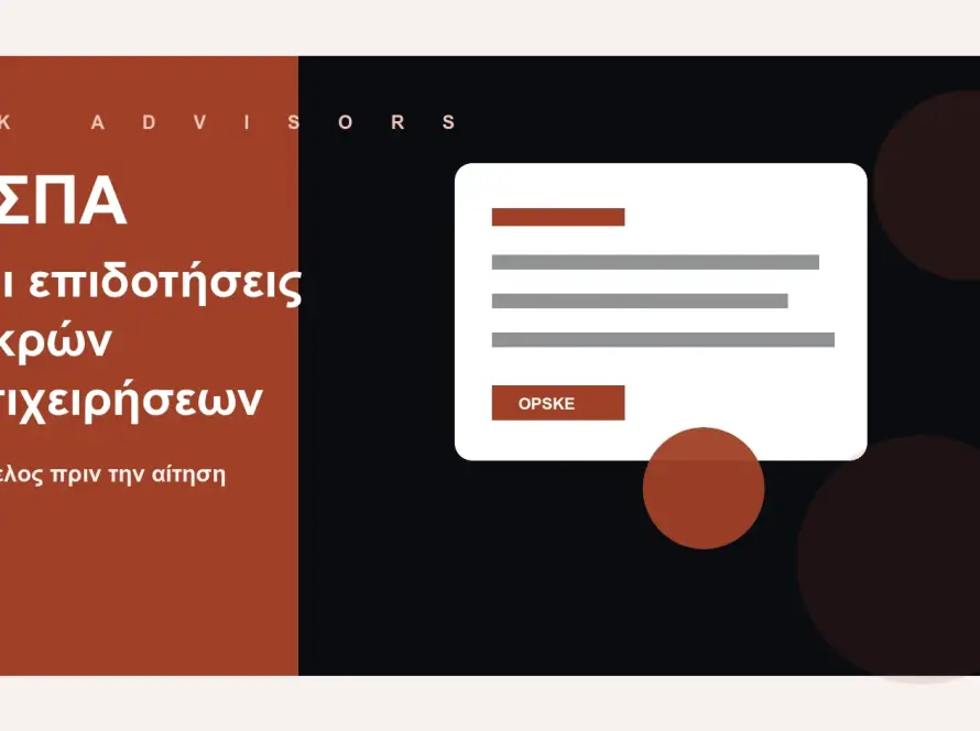 Branded εικόνα για ΕΣΠΑ και επιδοτήσεις μικρών επιχειρήσεων με φάκελο, ΚΑΔ, οικονομικά στοιχεία και επενδυτικό πλάνο