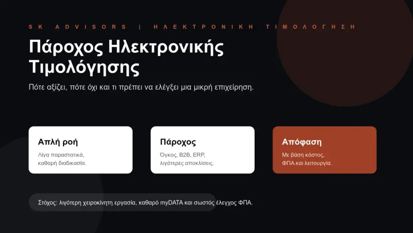 Branded εικόνα για πάροχο ηλεκτρονικής τιμολόγησης, απλή ροή, πρόγραμμα τιμολόγησης και απόφαση επιχείρησης