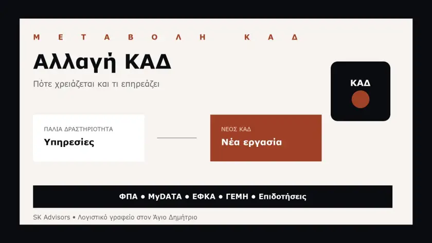 Branded εικόνα για αλλαγή ΚΑΔ, προσθήκη δραστηριότητας, ΦΠΑ, MyDATA, ΕΦΚΑ και επιδοτήσεις σε επιχείρηση στον Άγιο Δημήτριο
