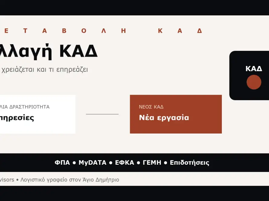 Branded εικόνα για αλλαγή ΚΑΔ, προσθήκη δραστηριότητας, ΦΠΑ, MyDATA, ΕΦΚΑ και επιδοτήσεις σε επιχείρηση στον Άγιο Δημήτριο
