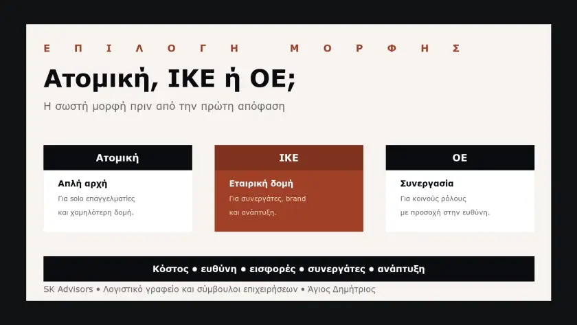 Branded εικόνα σύγκρισης ατομικής επιχείρησης, ΙΚΕ και ΟΕ για επιλογή νομικής μορφής νέας επιχείρησης στον Άγιο Δημήτριο