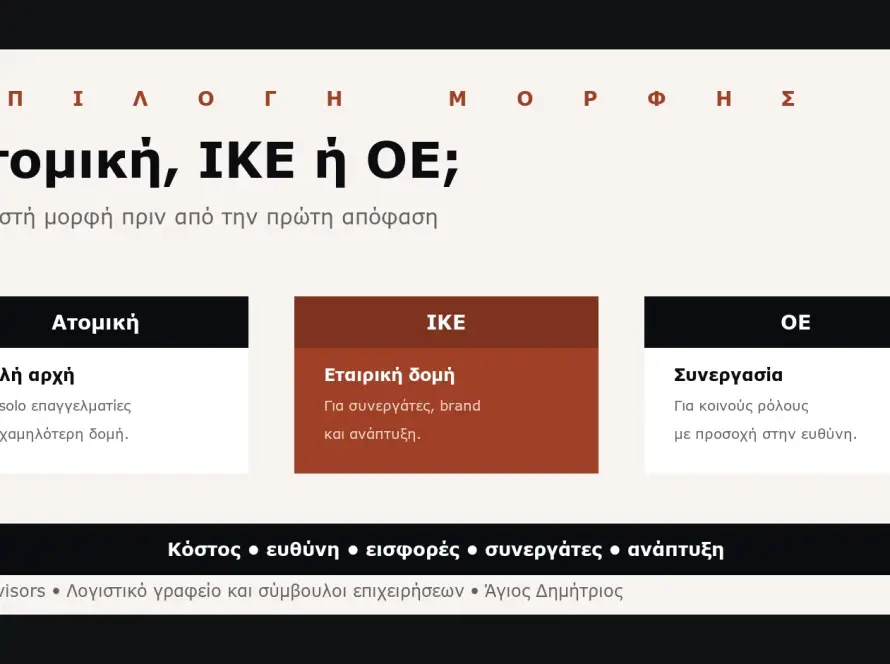 Branded εικόνα σύγκρισης ατομικής επιχείρησης, ΙΚΕ και ΟΕ για επιλογή νομικής μορφής νέας επιχείρησης στον Άγιο Δημήτριο