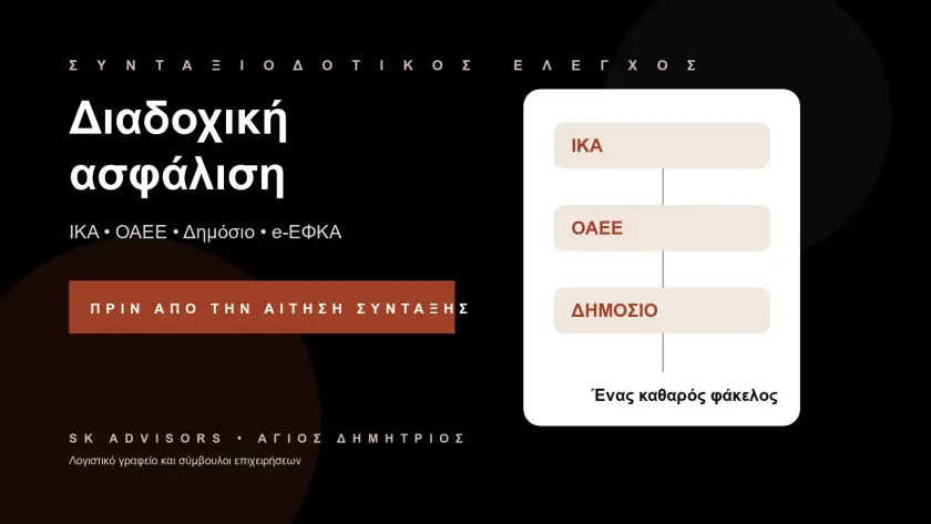 Branded εικόνα για διαδοχική ασφάλιση ΙΚΑ, ΟΑΕΕ, Δημόσιο, σύνταξη ΕΦΚΑ και έλεγχο ασφαλιστικού φακέλου στον Άγιο Δημήτριο