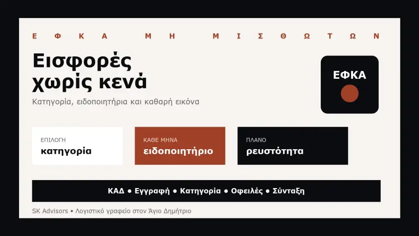 Branded εικόνα για ΕΦΚΑ ελεύθερων επαγγελματιών, ασφαλιστικές εισφορές, ασφαλιστική κατηγορία και ειδοποιητήρια στον Άγιο Δημήτριο