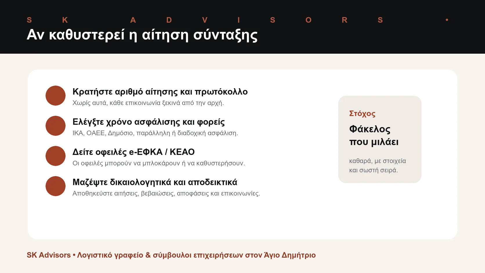 Infographic checklist για εκκρεμή αίτηση σύνταξης: αριθμός αίτησης, πρωτόκολλο, χρόνος ασφάλισης, οφειλές, διαδοχική ασφάλιση και δικαιολογητικά