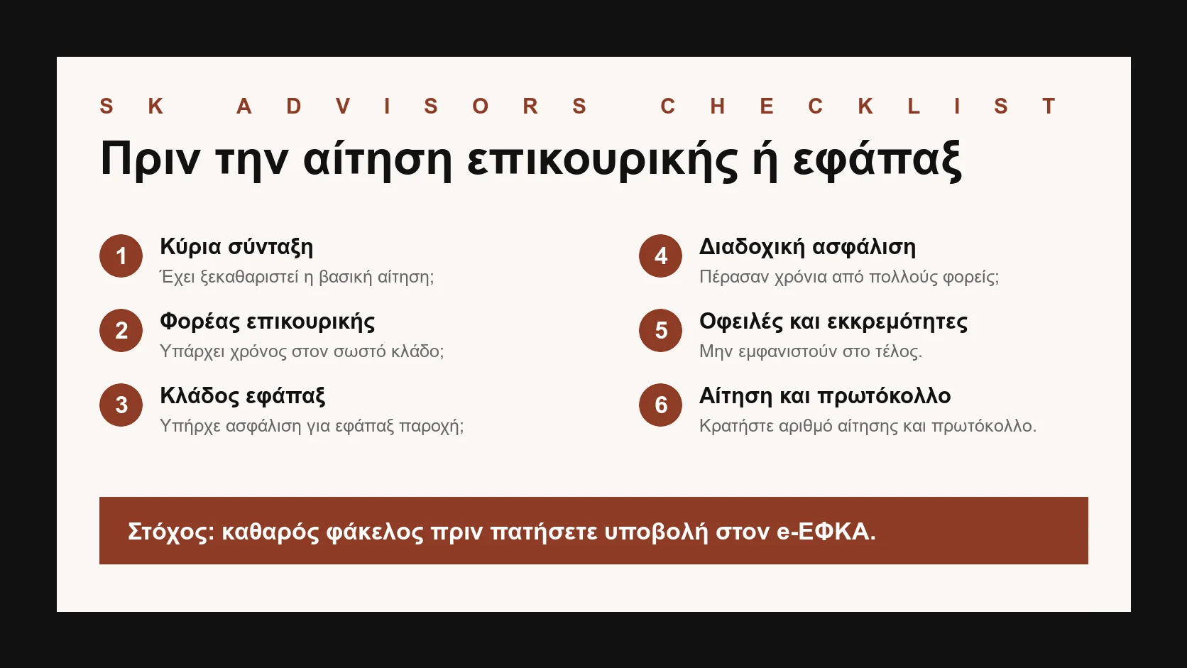 Infographic checklist για επικουρική σύνταξη και εφάπαξ: κύρια σύνταξη, φορέας επικουρικής, κλάδος εφάπαξ, χρόνος ασφάλισης, διαδοχική ασφάλιση, οφειλές, αριθμός αίτησης και πρωτόκολλο