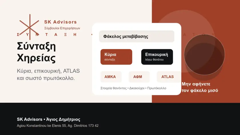Branded εικόνα για σύνταξη χηρείας, μεταβίβαση κύριας και επικουρικής σύνταξης λόγω θανάτου, αίτηση e-ΕΦΚΑ και έλεγχο φακέλου στον Άγιο Δημήτριο